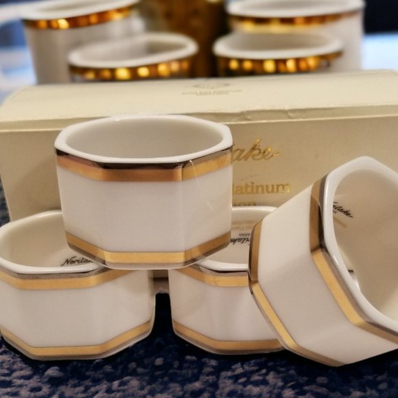 Gold & Platinum Band Napkin Holder Set 4-Noritake Vintage Napkin Rings Colection - Picture 8 of 13